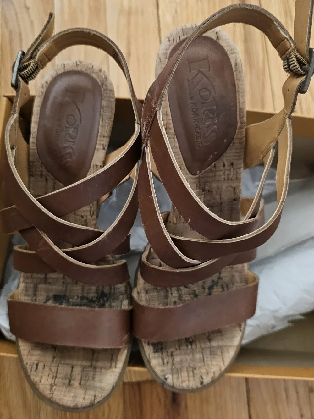 Kork-Ease Brown Leather Multi-Strap Cork Wedge Sandals